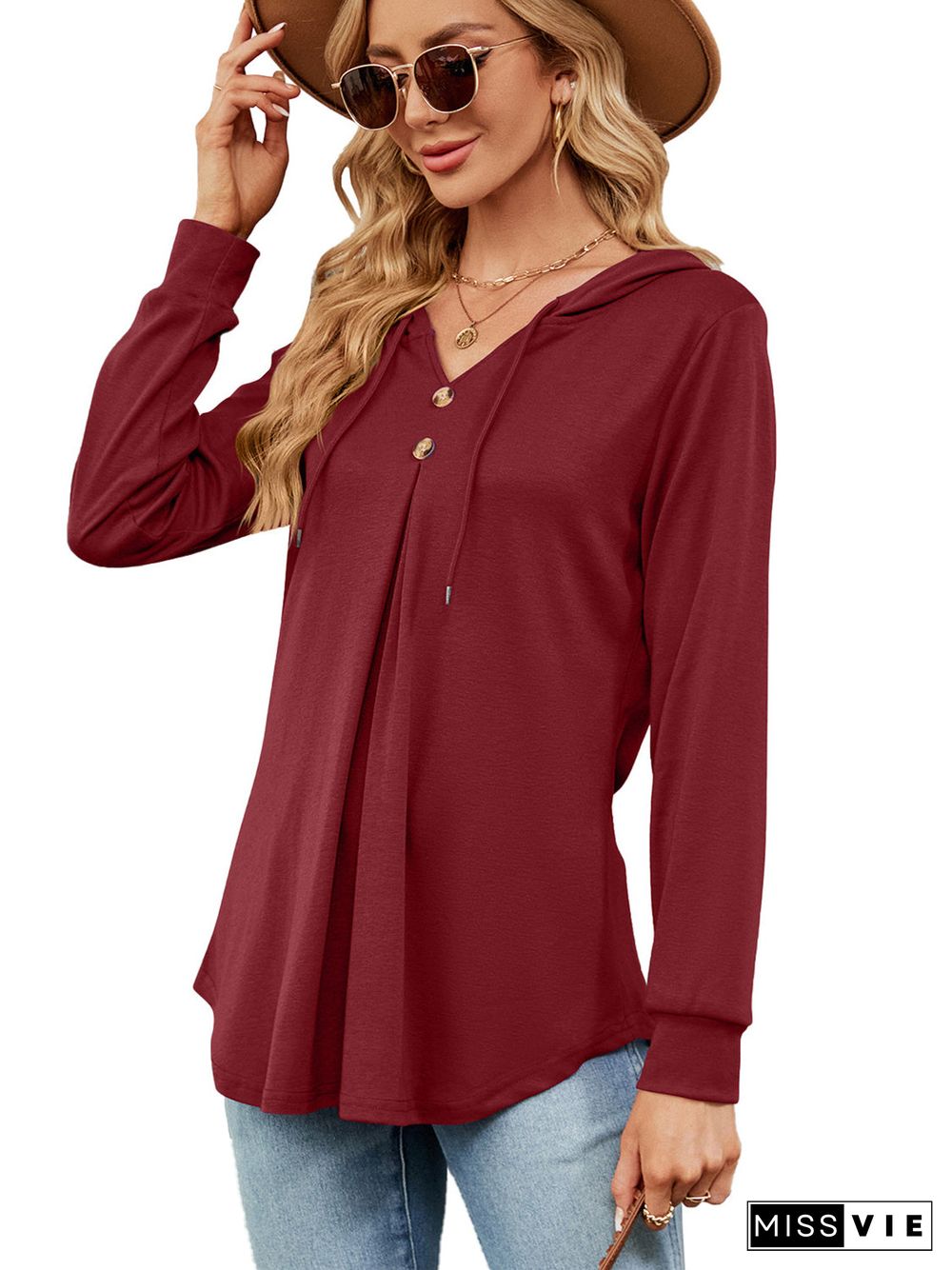 Women's Button V-Neck Long Sleeved Top