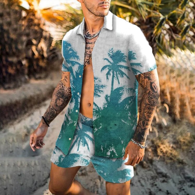 BrosWear Hawaiian Palm Print Short Sleeve Shirt Set