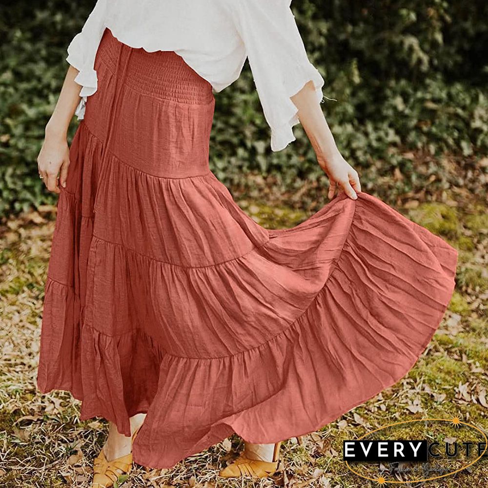Rust Red Bohemia Pleated High Waist Maxi Skirt