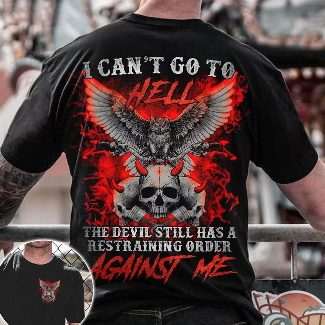 SkullStufff™ I Can't Go Hell Biker Skull Print T-Shirt