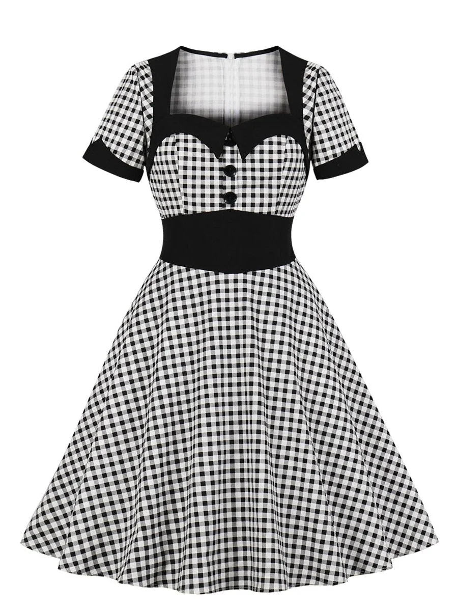 1950s Plaid Pattern Square Collar Patchwork Hepburn Dress