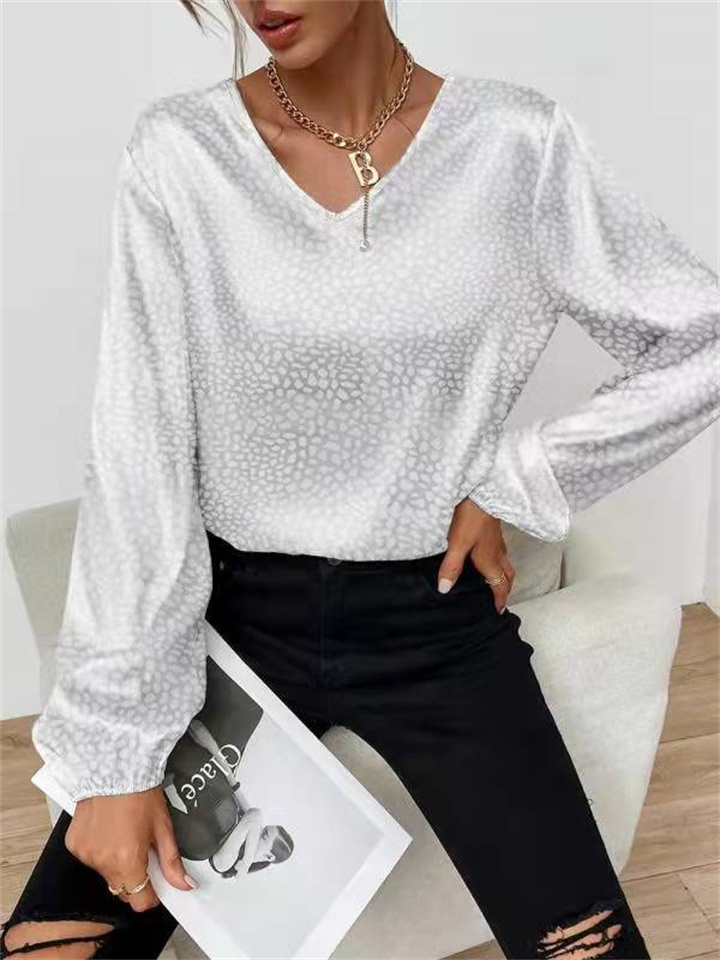 Early Spring New V-neck Set Head Leopard Print Shirt Women's Jacquard Lantern Sleeves Long-sleeved Loose Type Comfortable Casual Shirt