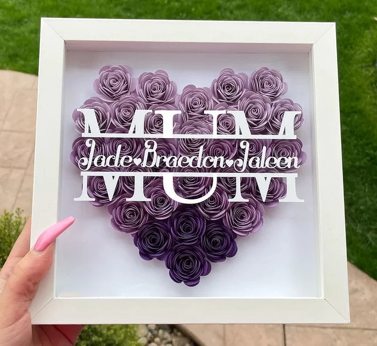 MUM Heart Shaped Monogram Flower Shadow Box Gift For Mothers-Purple