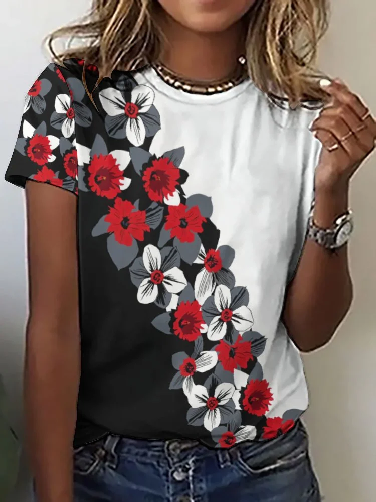 Printed Short Sleeve Casual T-shirt for  Women and Men Unisex Pattern Floral, Black, Red