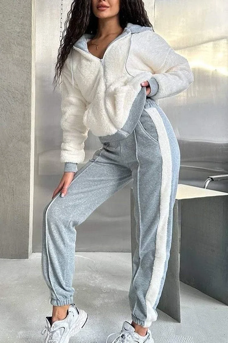Women's Casual Contrast Color Plush Hooded Pants Set