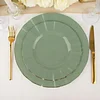 10 Pack | 9" Dusty Sage Hard Plastic Dinner Plates with Gold Ruffled Rim, Heavy Duty Disposable Dinnerware