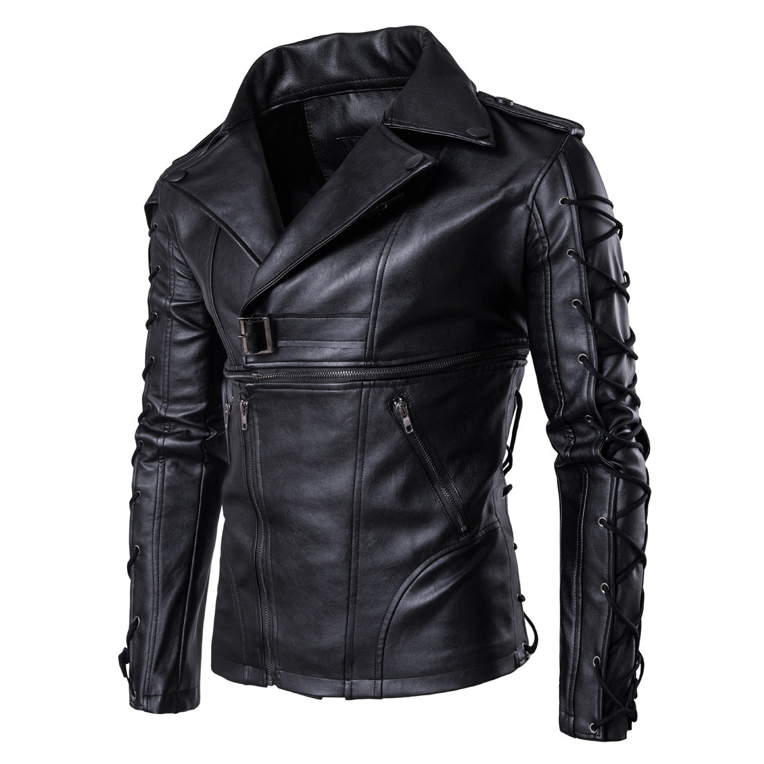 Men's European Motorcycle Leather Jacket, Decadent Leather Jacket, Solid Color Large Drawstring Zipper Leather Jacket