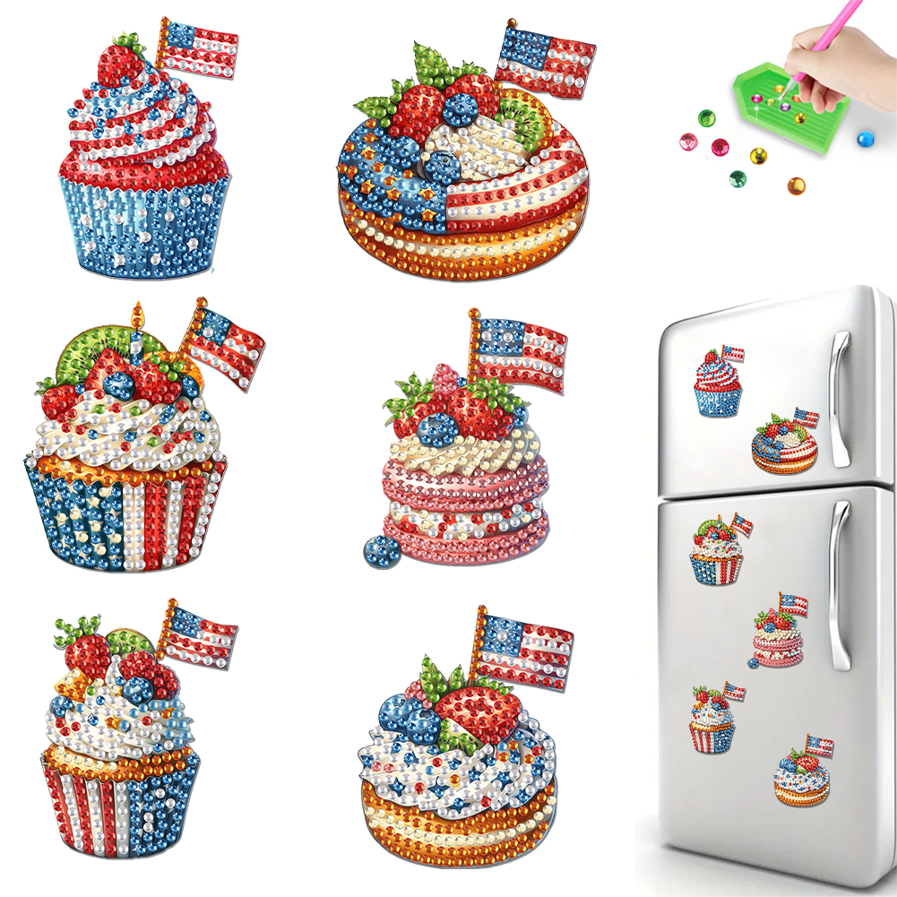 6Pcs Diamond Painting Refrigerator Magnets Diamond Art Kits (US Flag Cake)
