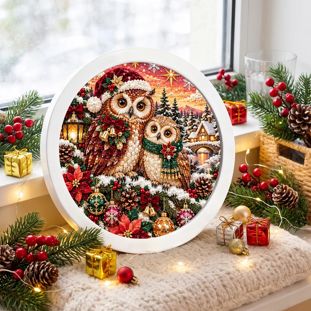 Framed Diamond Painting Christmas Owl Snowman 7.87x7.87in