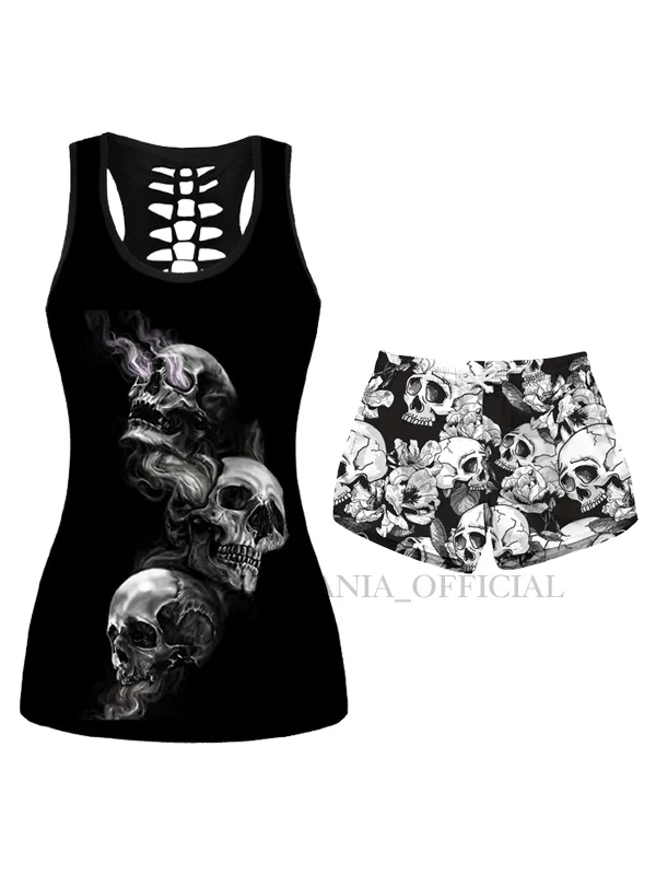 3D Printed Skull Hollow Top + Beach Quick Drying Shorts 2 Pieces Sets