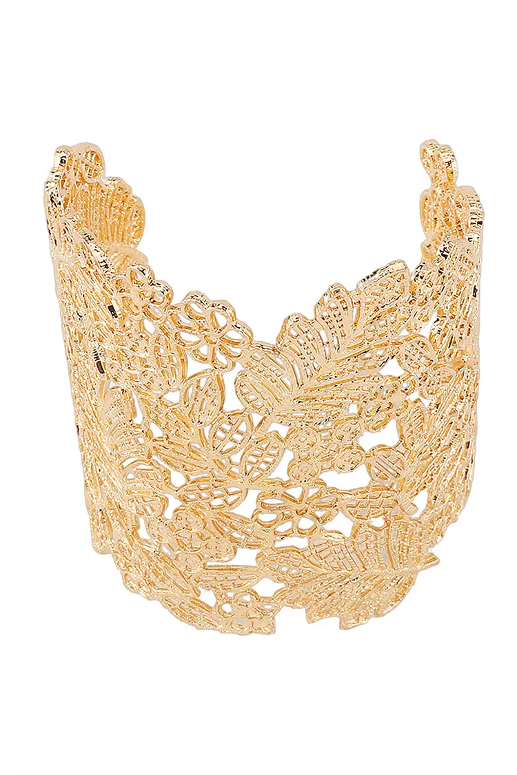 Flower Leaf Pattern Hollow Out Metallic Sheen Open Bracelet