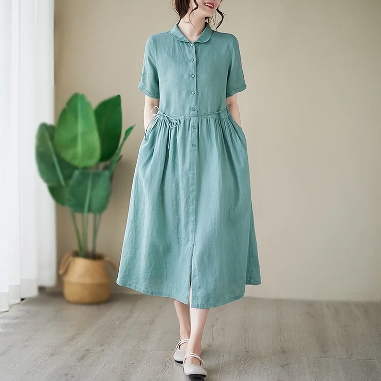 Women's Cotton Linen Dress Crew Neck Short Sleeve Single Breasted Midi Dress Solid Dress