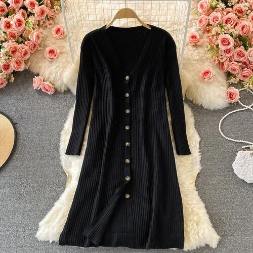 2023 New Spring Autumn Fashion V-Neck long sleeve knitted Dress single breasted loose leisure mid-length cardigan Dress