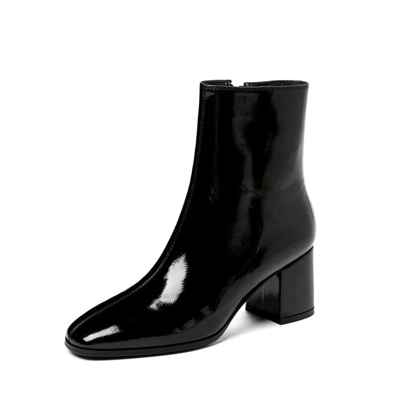 Zhungei Ankle Boots Soft Patent Leather Women Boots Thick Highs Ladies Shoes Autumn Winter Zipper Woman Boots Black White 2023