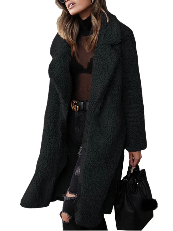Autumn and Winter Solid Color Long-sleeved Lapel Women Plush Top Temperament Commuter Double-sided Velvet Long Coat Coat-Cosfine