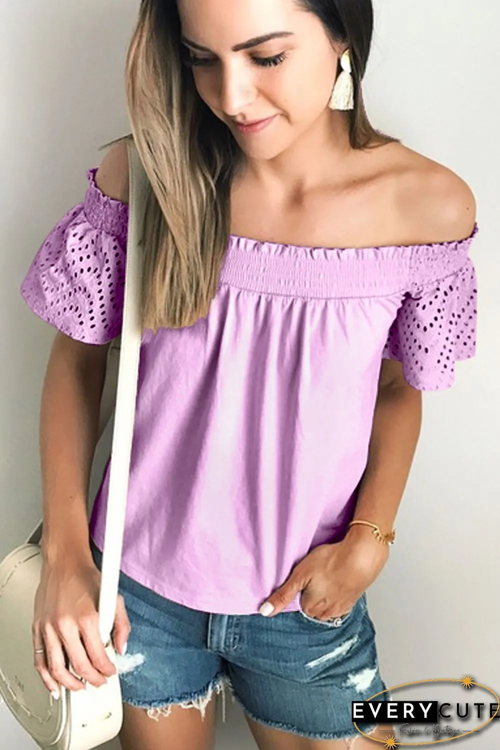 Pink Solid Shirring Off Shoulder Hollow out Top