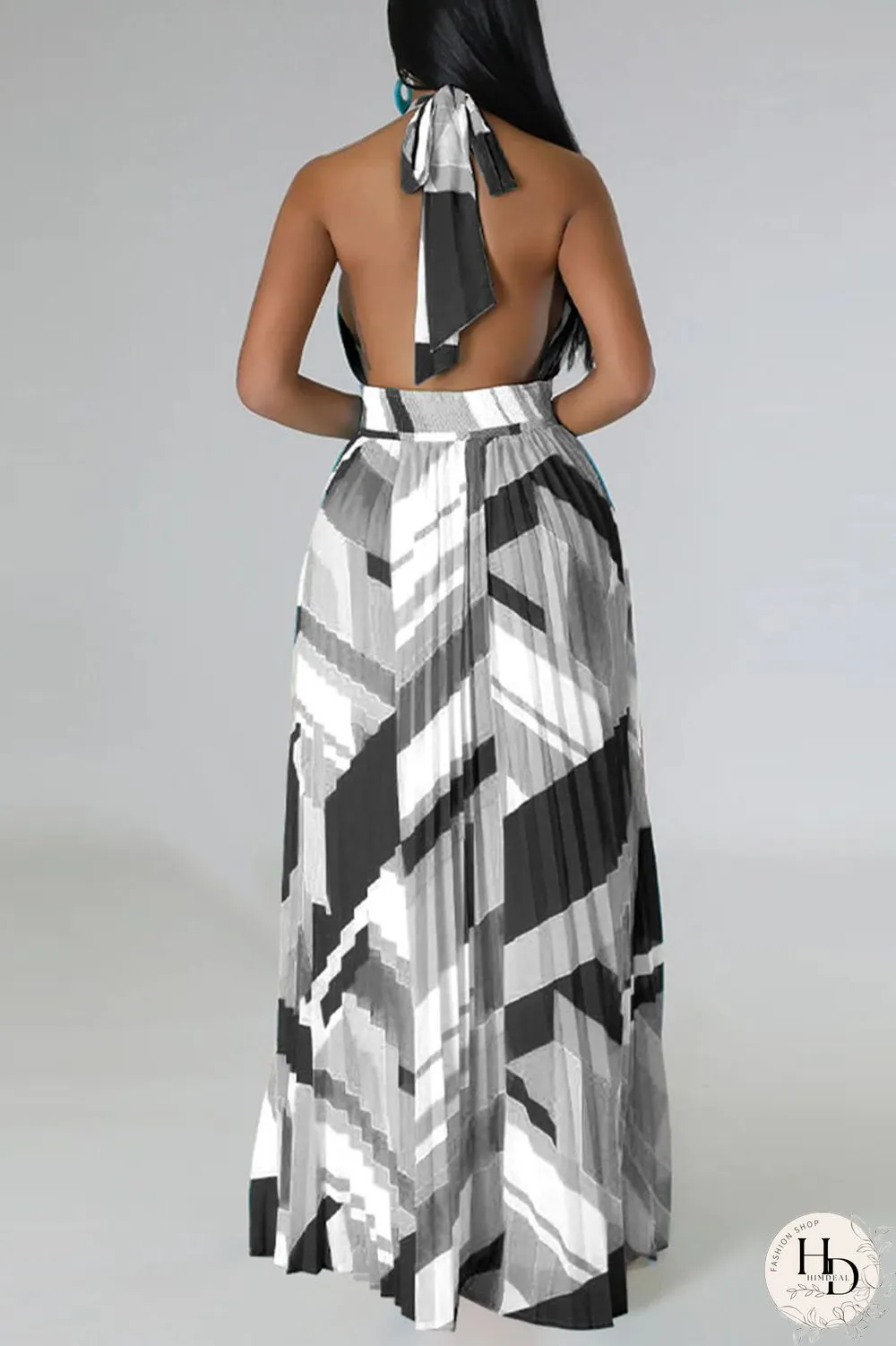 Black Sexy Print Patchwork Backless Fold Halter A Line Dresses
