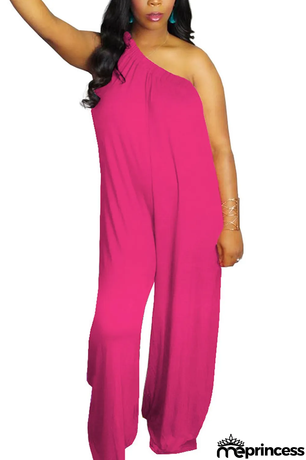 rose red Fashion Sexy Patchwork Solid Polyester Sleeveless one shoulder collar Jumpsuits