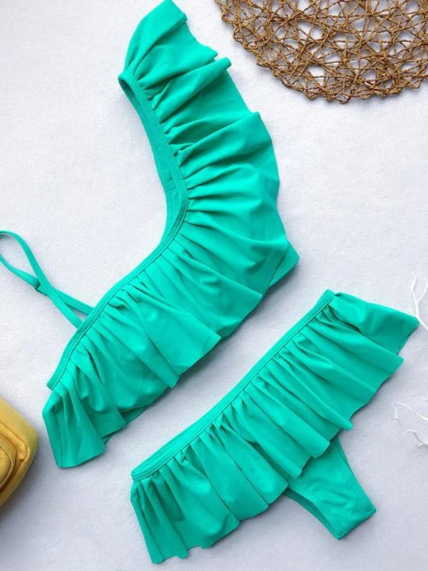 Ruffle Plain Strappy Bikini Swimsuit