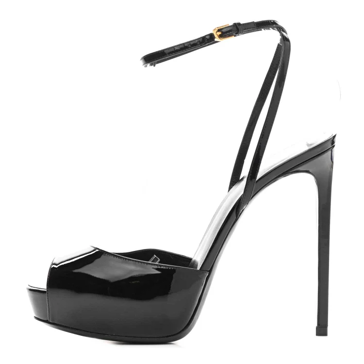 Custom Made Black Patent Leather Peep Toe Platform High Heels |FSJ Shoes