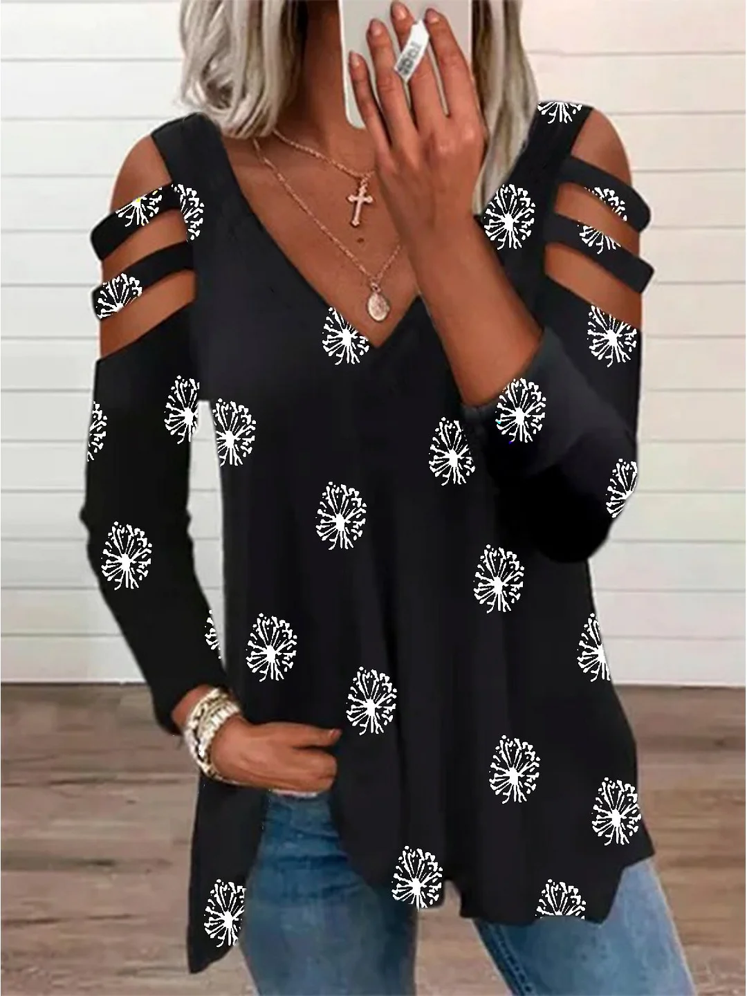 Casual Dandelion V neck Loose Long Sleeve T-Shirt