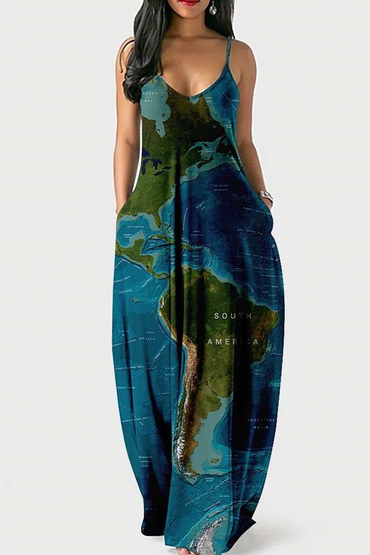 Tibetan Blue Fashion Sexy Print Backless Spaghetti Strap Long Dress