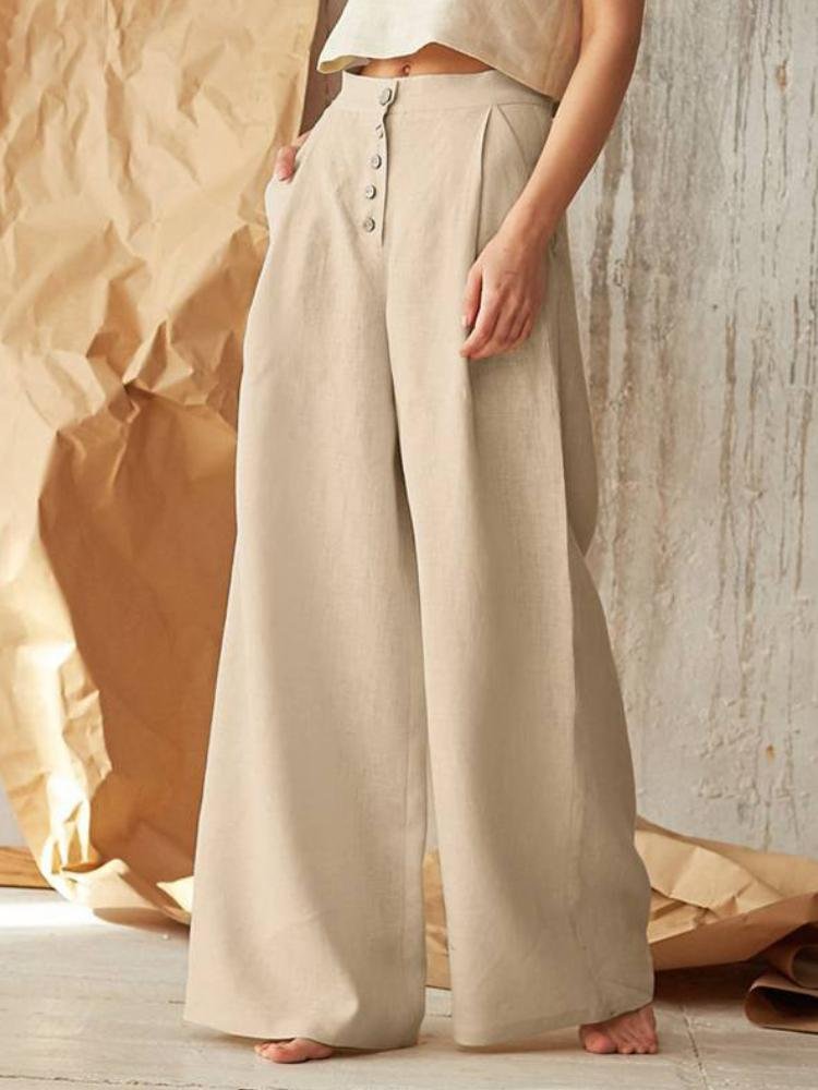 Solid Color High Waist Casual Button Cotton Linen Wide Leg Pants