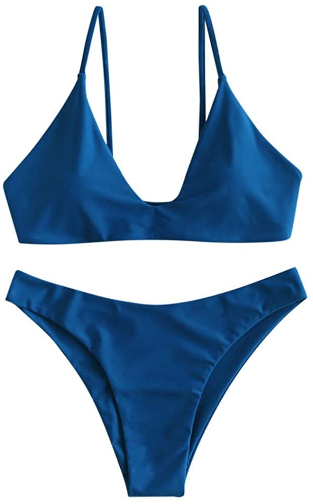 Women Solid Lace-Up Bikini Set Sporty Padded Bralette Swimsuit Bathing Suit