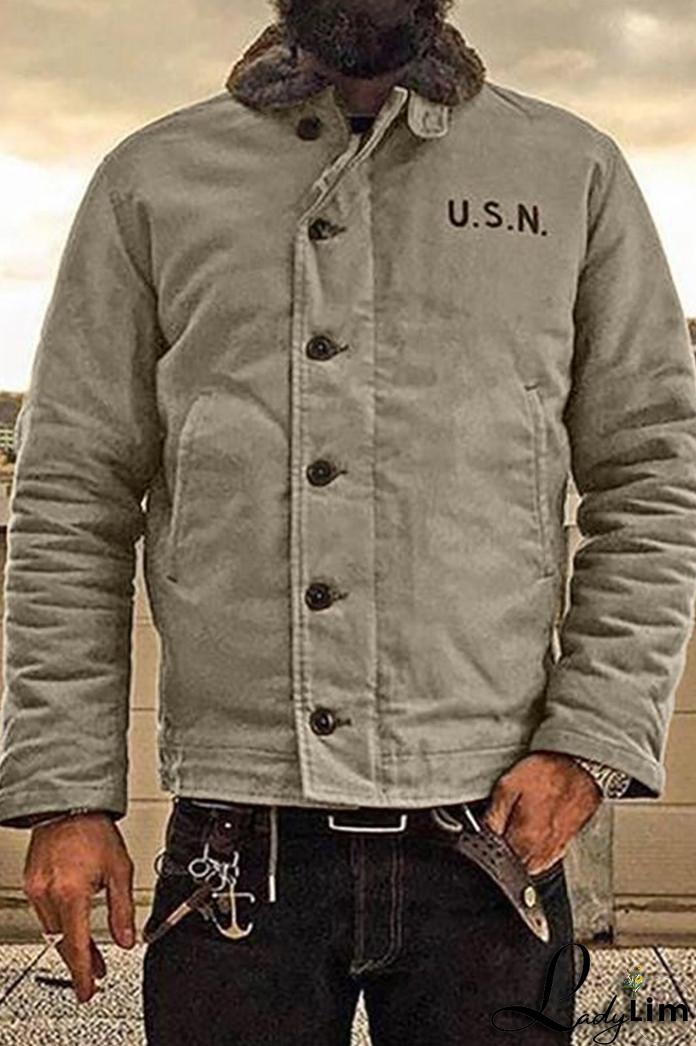 Black Fashion Casual Letter Pocket Buckle Turndown Collar Outerwear