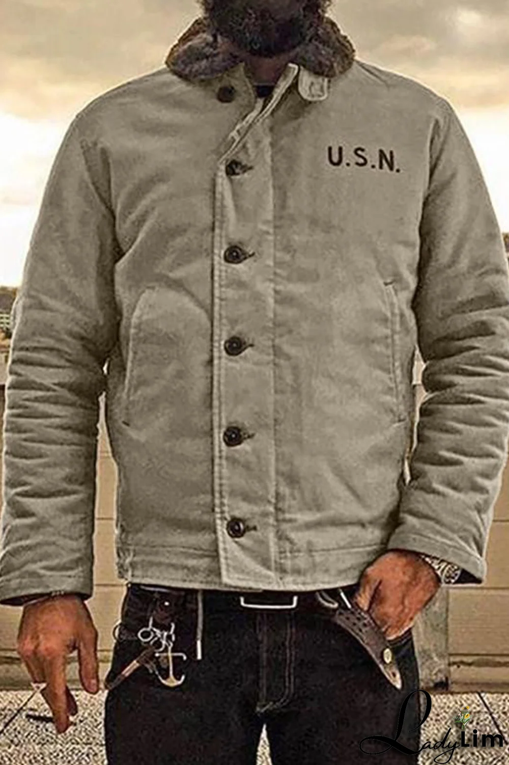 Black Fashion Casual Letter Pocket Buckle Turndown Collar Outerwear