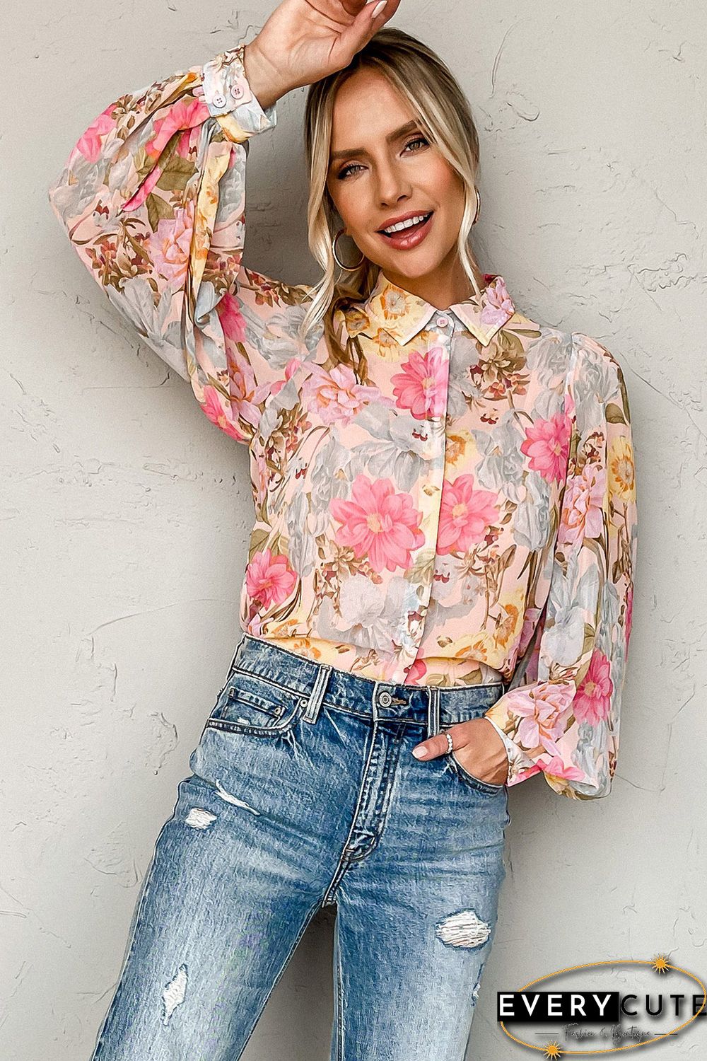 Pink All Floral Puff Sleeve Collared Shirt