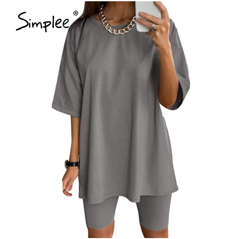 Simplee Casual Solid Outfits Women's Two Piece Suit with Belt Home Loose Sports Tracksuits Fashion Bicycle Summer Hot Suit 2020