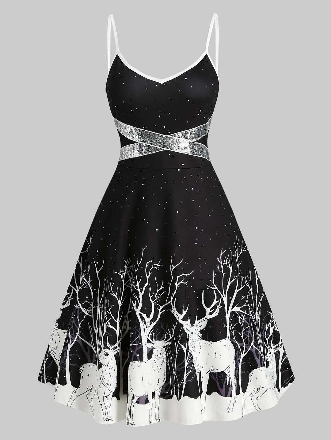 Christmas Dress Spaghetti Strap Sequined Reindeer Print Swing Dresses