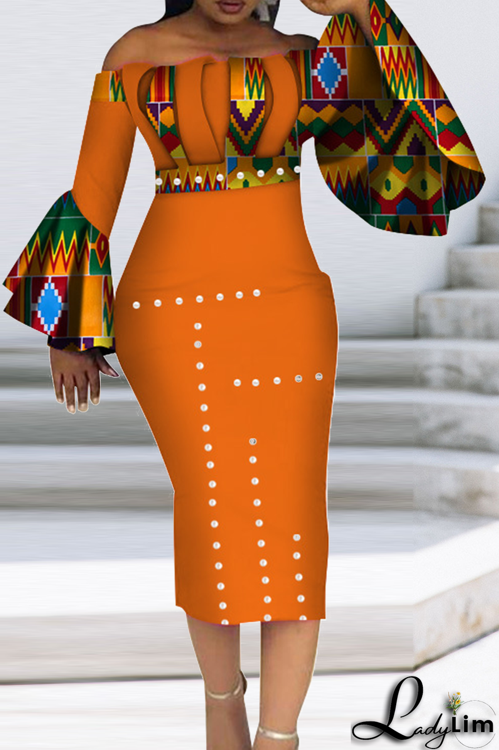 Orange Vintage Print Patchwork Off the Shoulder Pencil Skirt Dresses