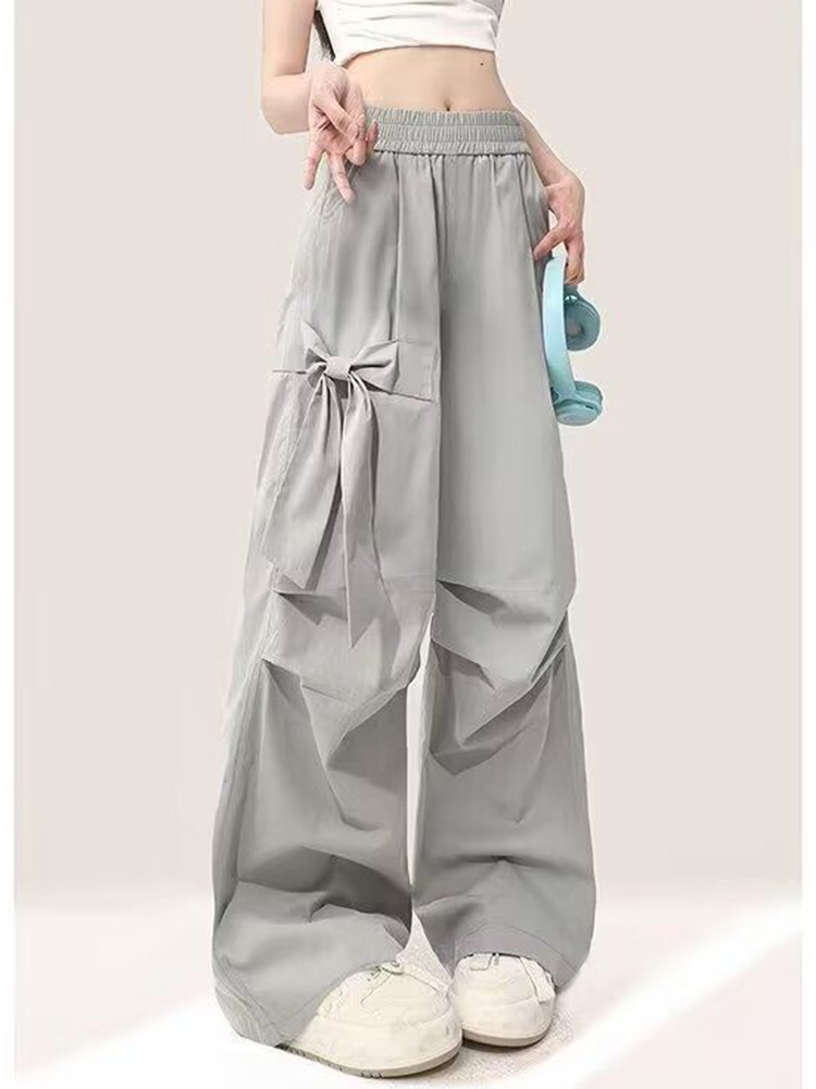 Y2k Bow Gray Cargo Pants Women High Waist Japan Streetwear Trousers Casual Vintage Loose Female Design New Wide Leg Pants