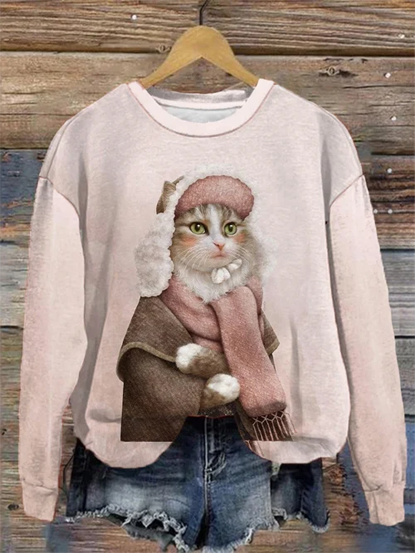 Women's Cute Cat Wearing Hat Scarf Graphic Printed Sweatshirt