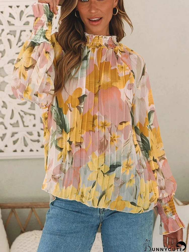 Sunshine Floral Pleated Sleeve Elegant Yellow Blouse