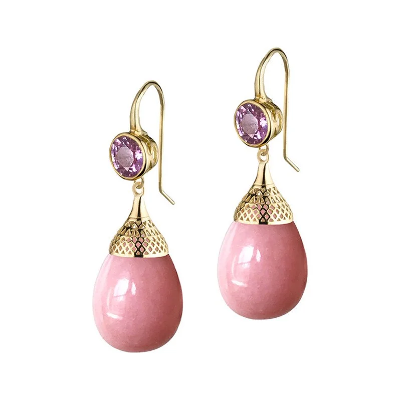 Exquisite Round Crystal Stone Earrings Metal Gold Color Engraving Pink Imitation Pearls Dangle Earring for Women Wedding Jewelry