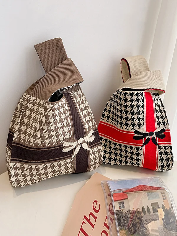 Contrast Color Houndstooth Bags Woven Handbag