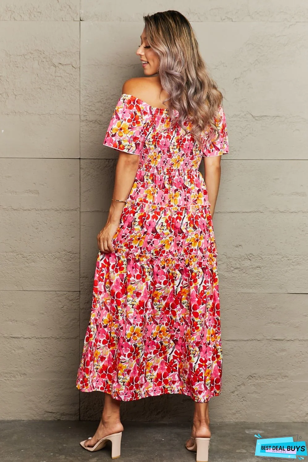 Floral Off-Shoulder Frill Trim Maxi Dress