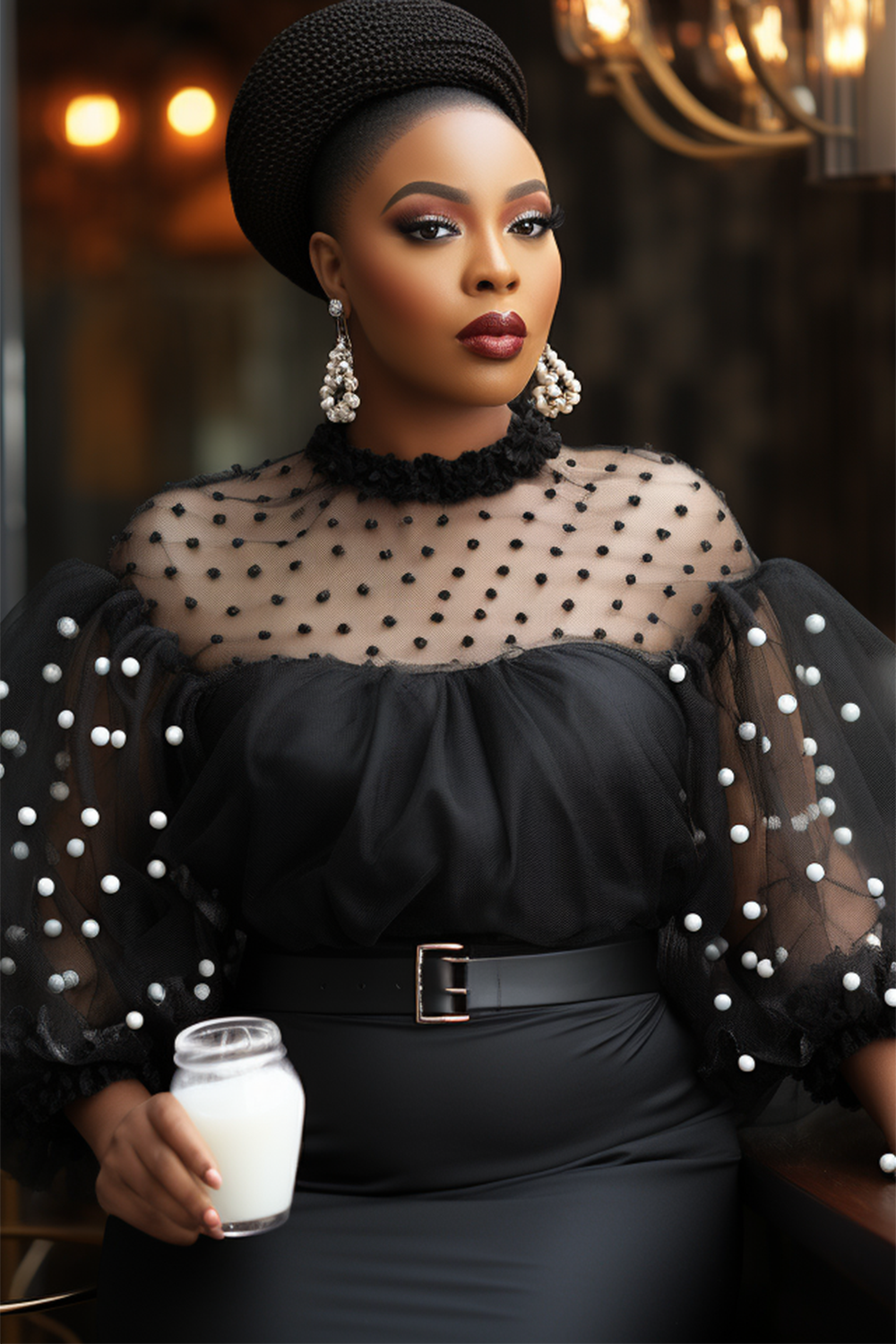 Design Plus Size Black Party Round Neck Puff Sleeve Pearls Mesh Sheer Blouses [Pre-Order]