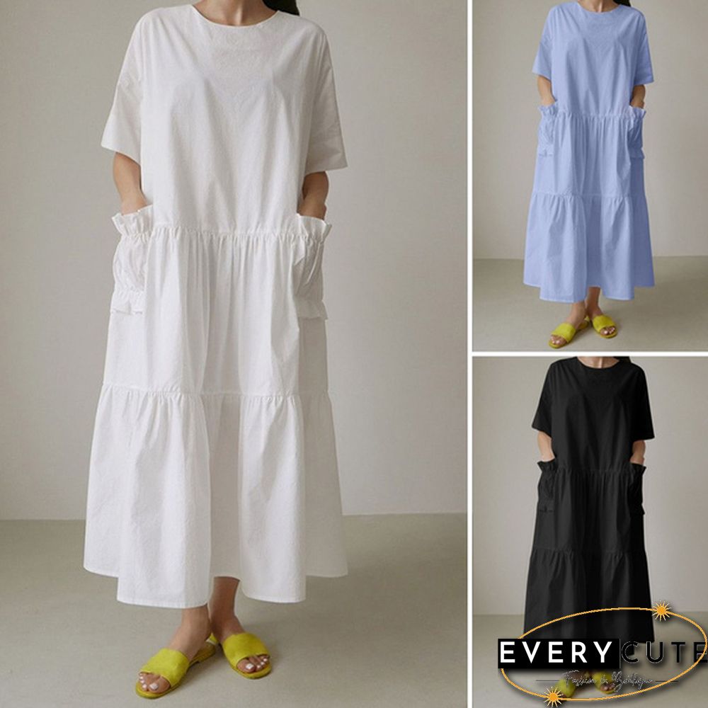 Women Summer Short Sleeved Ruffled Hem Casual Loose Long Dress Solid Color Dresses
