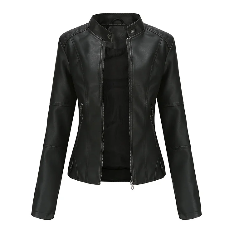 PASUXI Women's Spring Biker Jacket - Plus Size Faux Leather Motorcycle Style with Turtleneck huanwei