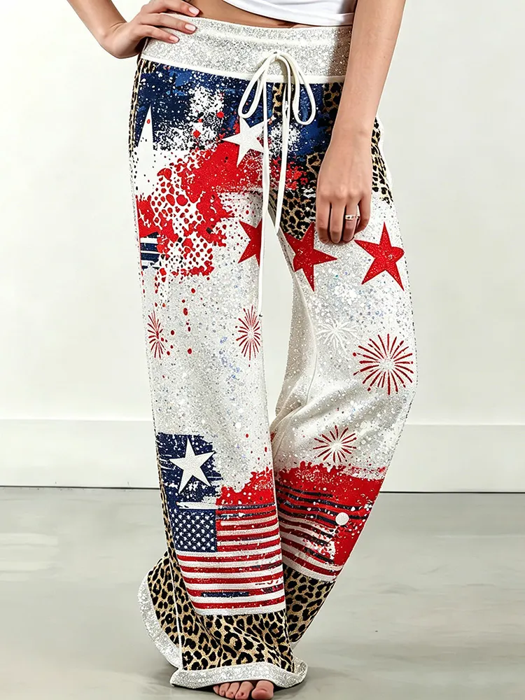  Independence Day Leopard Print American Flag Glitter Palazzo Pants Westsshops