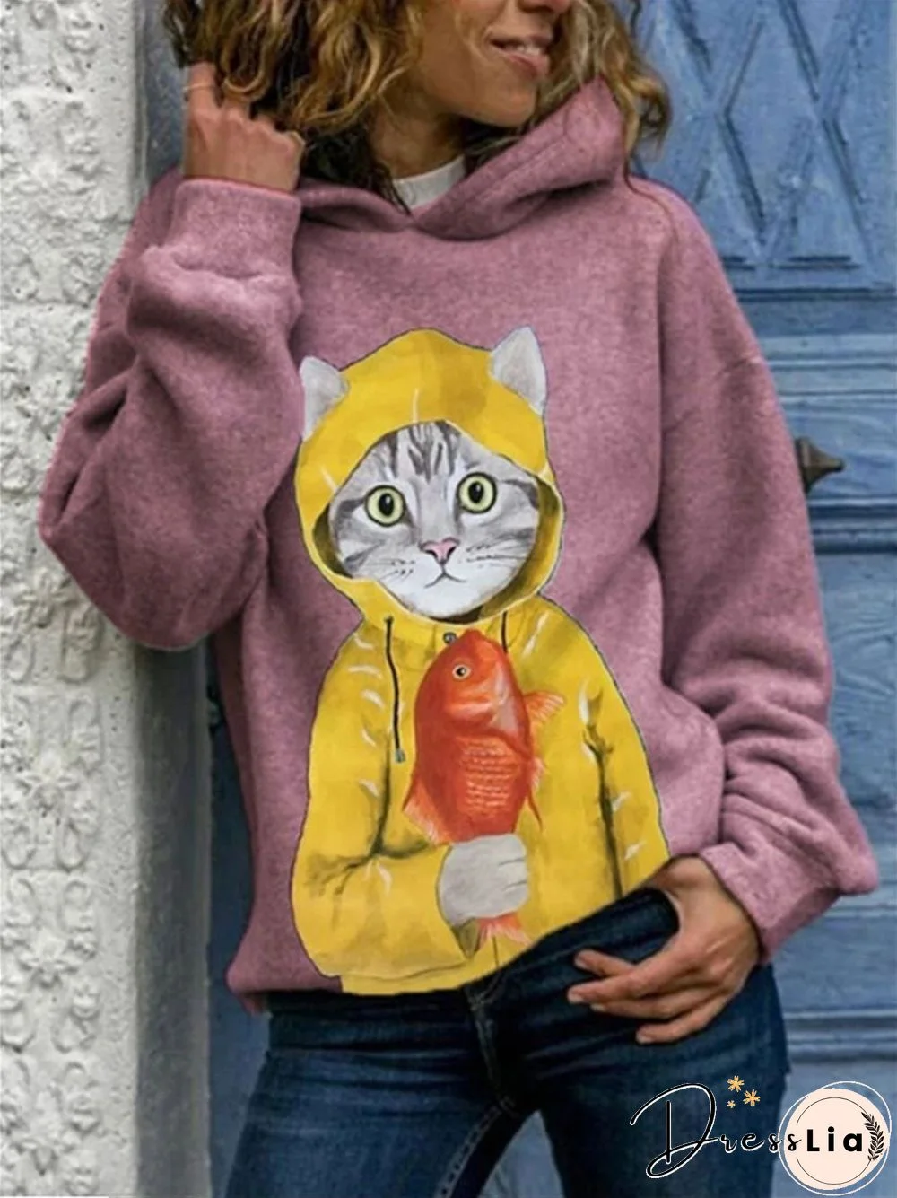 Cartoon Cat Print Long Sleeve Casual Hoodie For Women