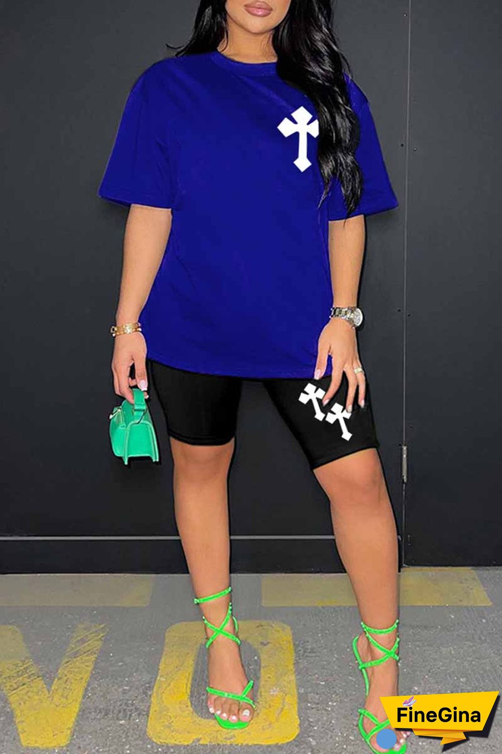 Blue Casual Print Patchwork O Neck Short Sleeve Two Pieces