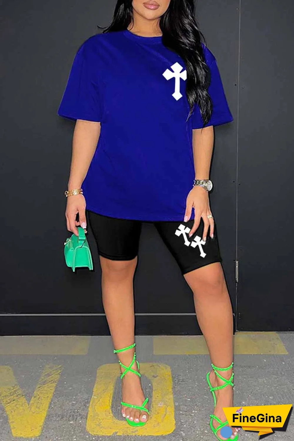 Blue Casual Print Patchwork O Neck Short Sleeve Two Pieces