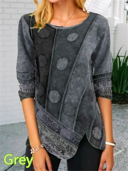 Autumn and Winter New Fashion Women's Printed Long-sleeved Round Neck Casual T-shirt Loose Plus Size Irregular Hem Top XS-5XL