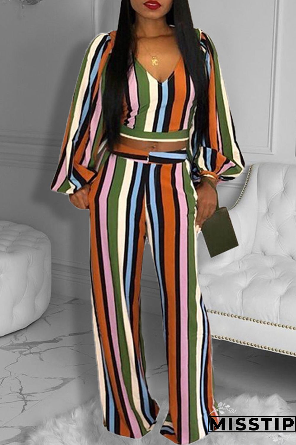 Orange Fashion Casual Striped Print Basic V Neck Long Sleeve Two Pieces