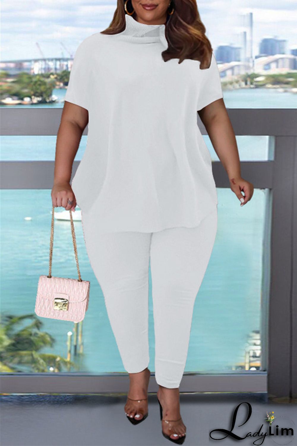 Pink Fashion Casual Solid Basic Turtleneck Short Sleeve Two Pieces